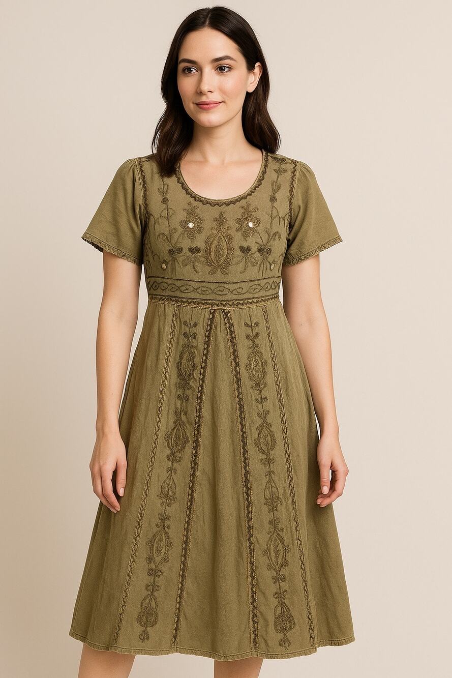 VTG MPH 90’ Olive Green Embroidered Boho Dress 90s Y2K whimsical Hippie sz sm